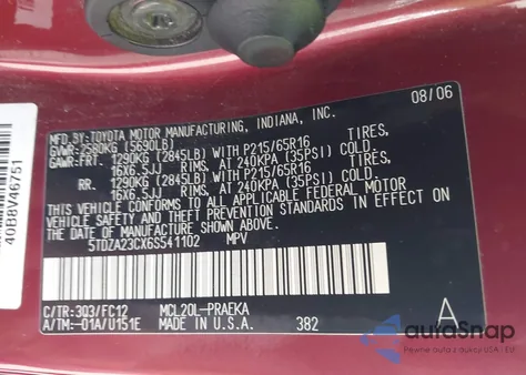 2006 Toyota Sienna Le z USA, uszkodzony, nr VIN 5TDZA23CX6S541102